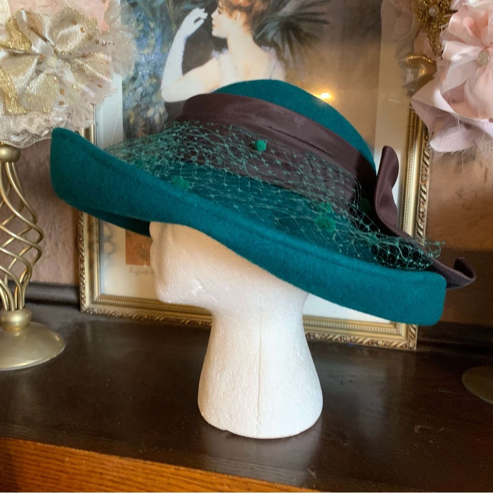 VINTAGE 1980'S MICHAEL HOWARD TEAL AND BROWN WOOL HAT - Picture 7 of 13